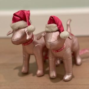 Victoria’s Secret PINK plush dog shiny pink with Santa hat SET OF 2
